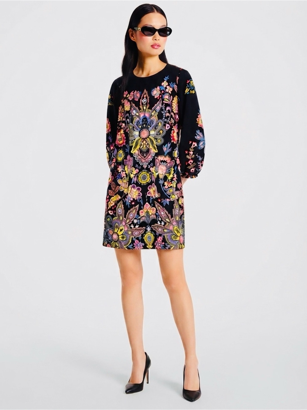 Ann Taylor LOFT Shift Dress Bold Medallion Floral Multi Long Sleeve Womens Sz SP